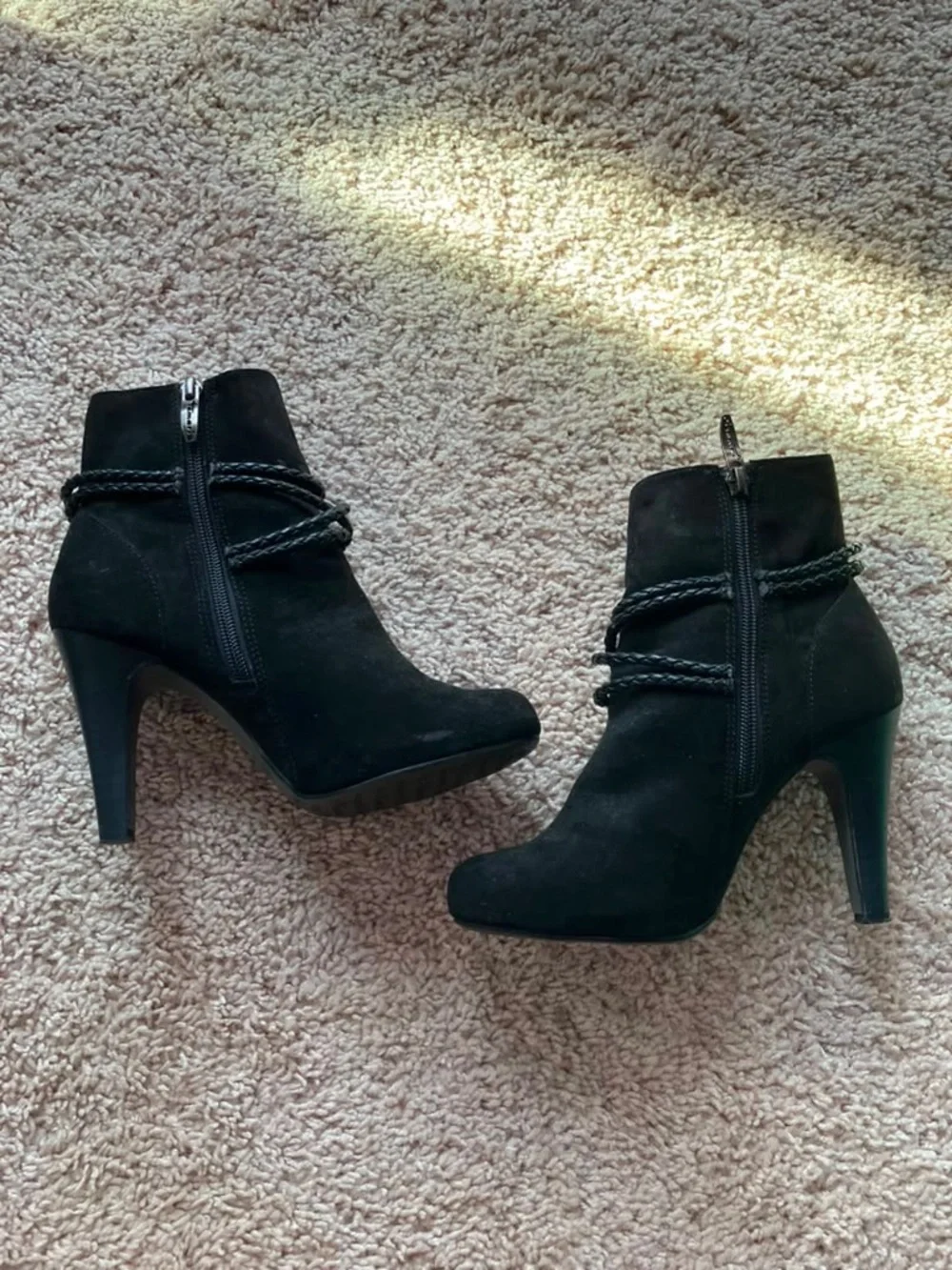 Tamaris Women's Black Suede Leather Ankle Booties with Braided Strap Detail